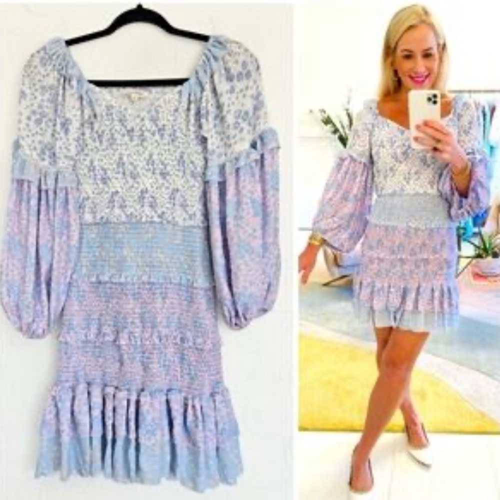 Boho Mini Party Dress Shoulder Balloon Sleeve Tiered Ruffle Size M Love Fancy